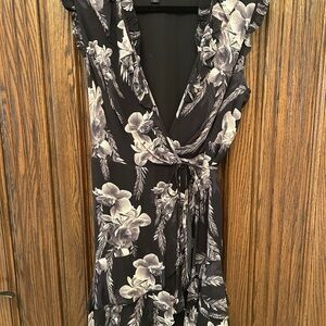 All Saints Black and Gray Floral Mini Ruffle Hem Wrap Dress